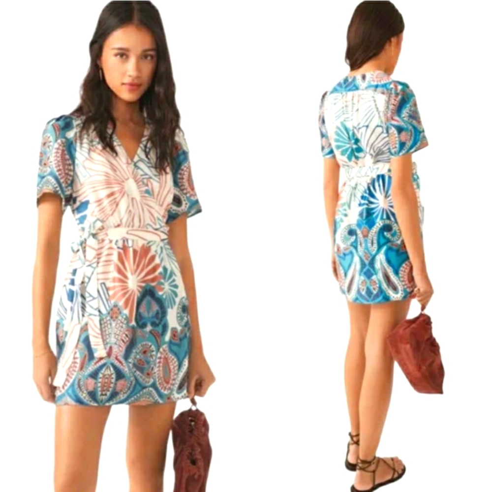 NWT Ba&sh Jara Mixed Print Mini Wrap Dress Size 6
